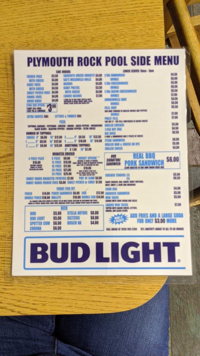 Plymouth Rock Poolside Restaurant menu board