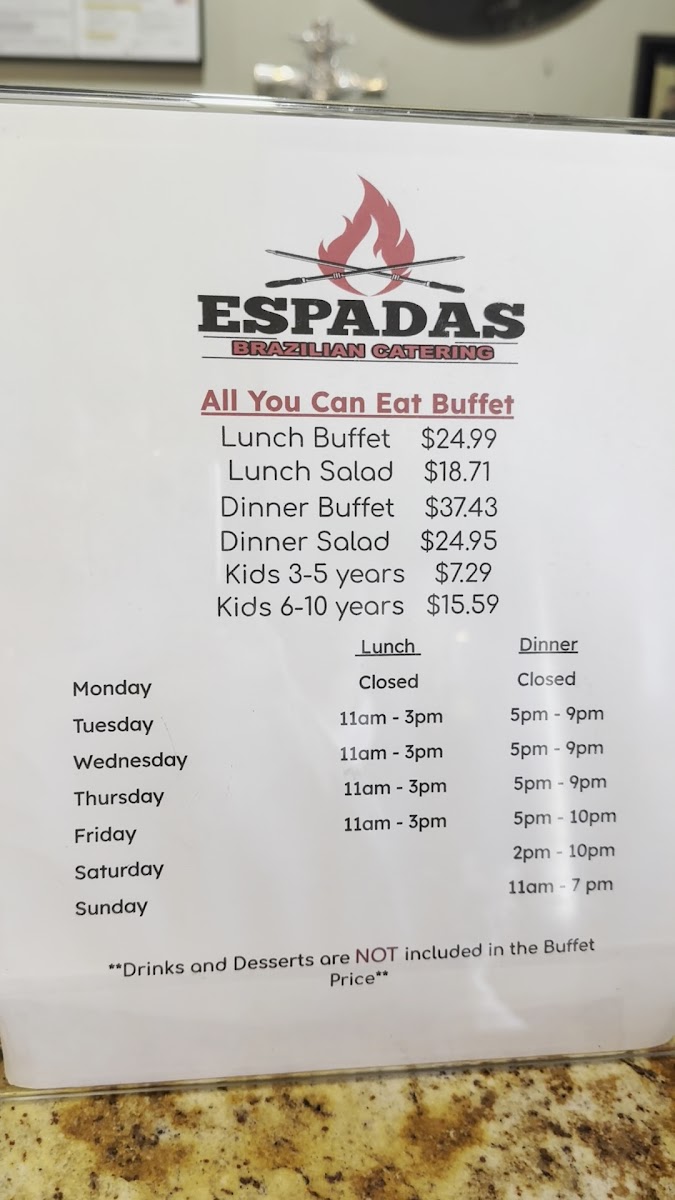 Espadas Brazilian Steakhouse Restaurant menu board