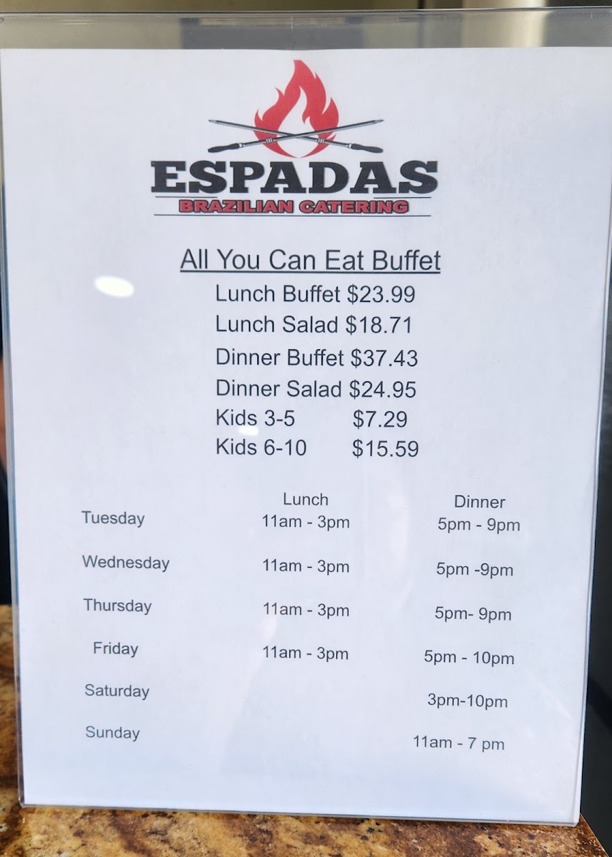 Espadas Brazilian Steakhouse Restaurant menu board