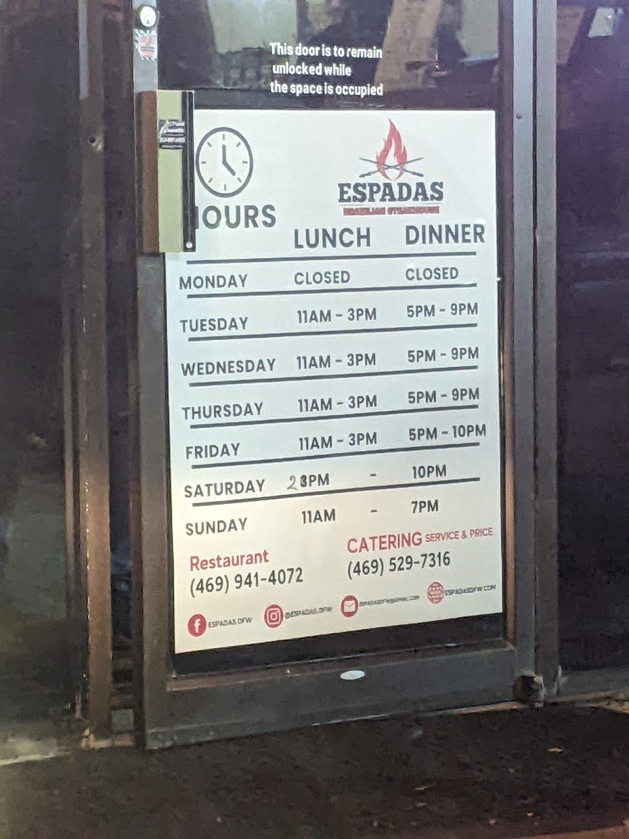 Espadas Brazilian Steakhouse Restaurant menu board
