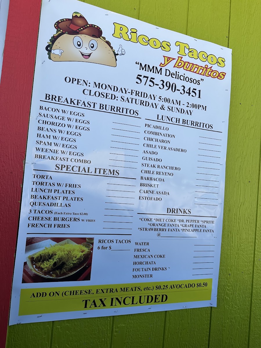 Ricos Tacos y Burritos menu board