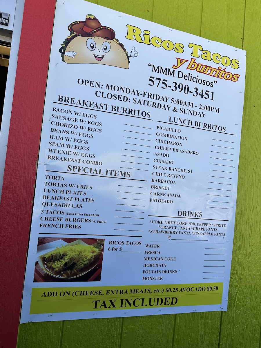 Ricos Tacos y Burritos menu board