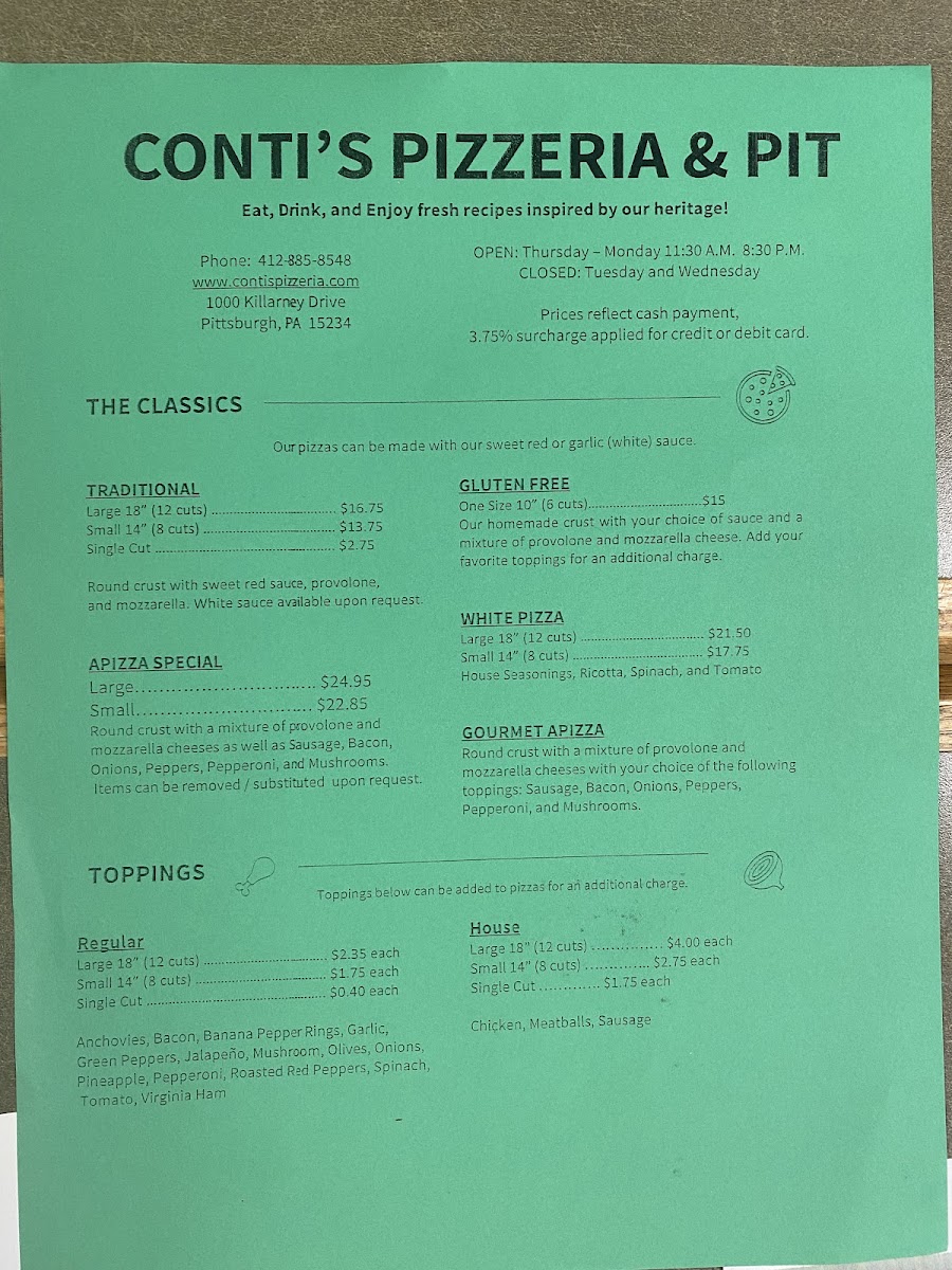 Conti’s Pizzeria & Pit menu board