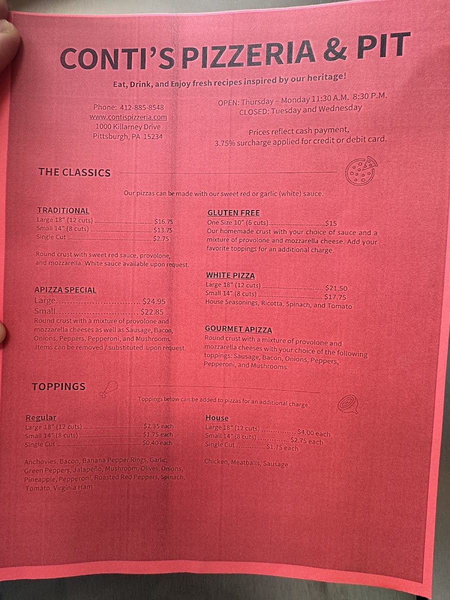 Conti’s Pizzeria & Pit menu board