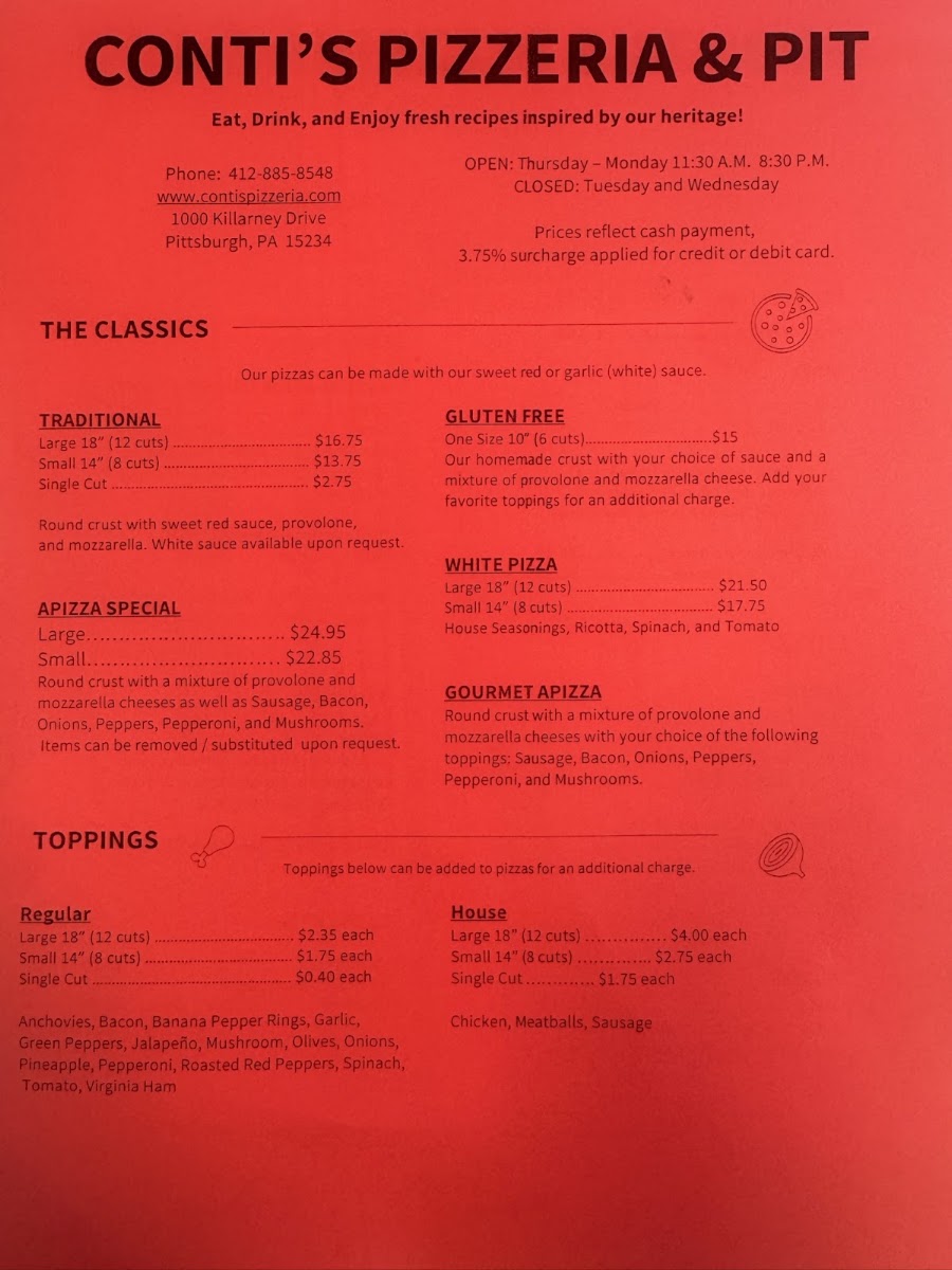 Conti’s Pizzeria & Pit menu board