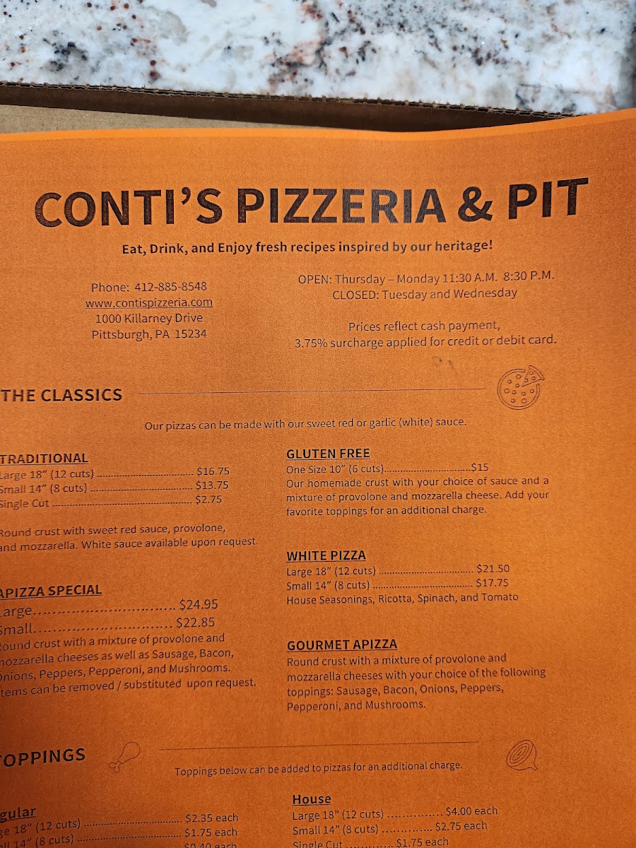 Conti’s Pizzeria & Pit menu board