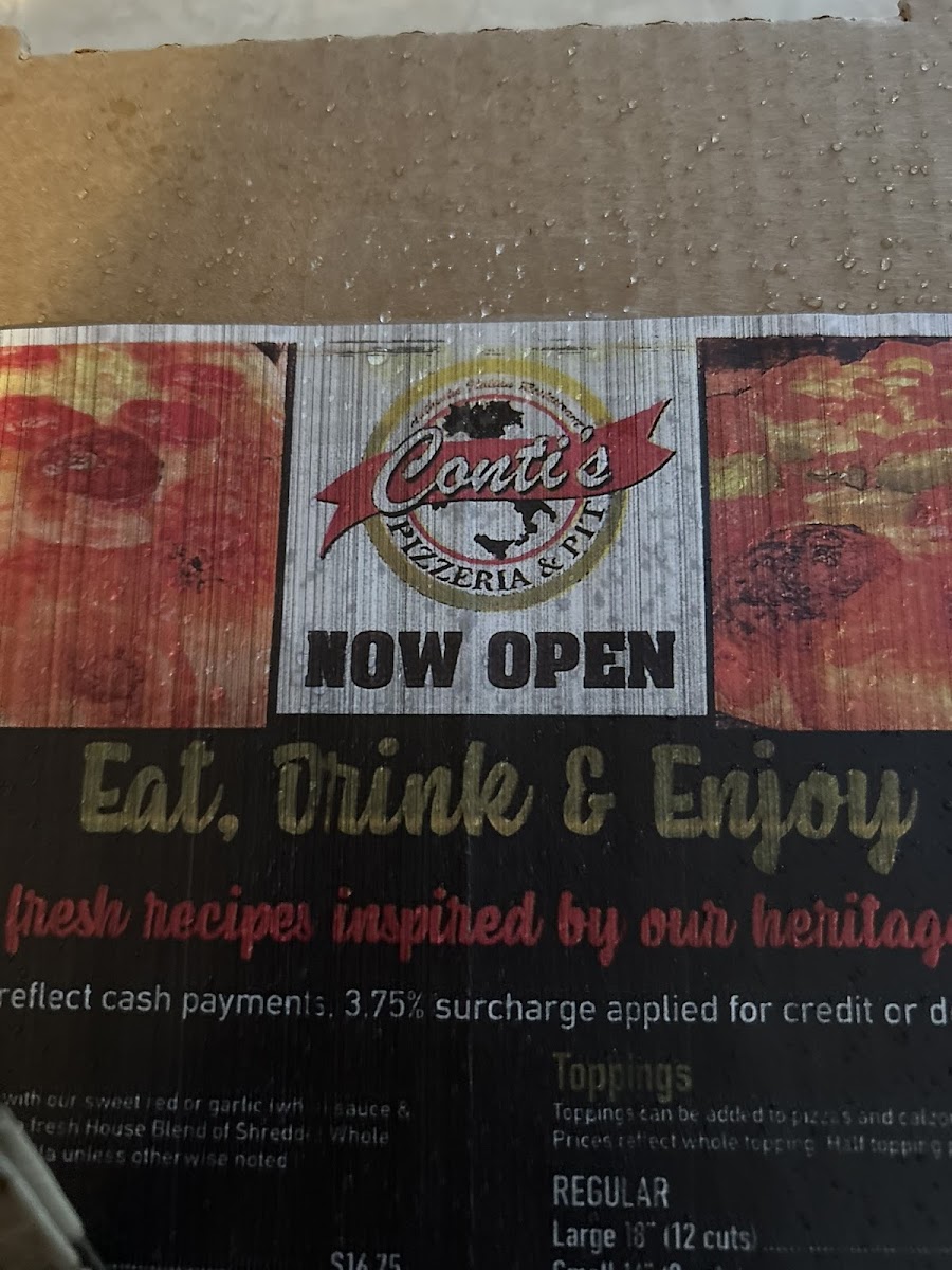 Conti’s Pizzeria & Pit menu board