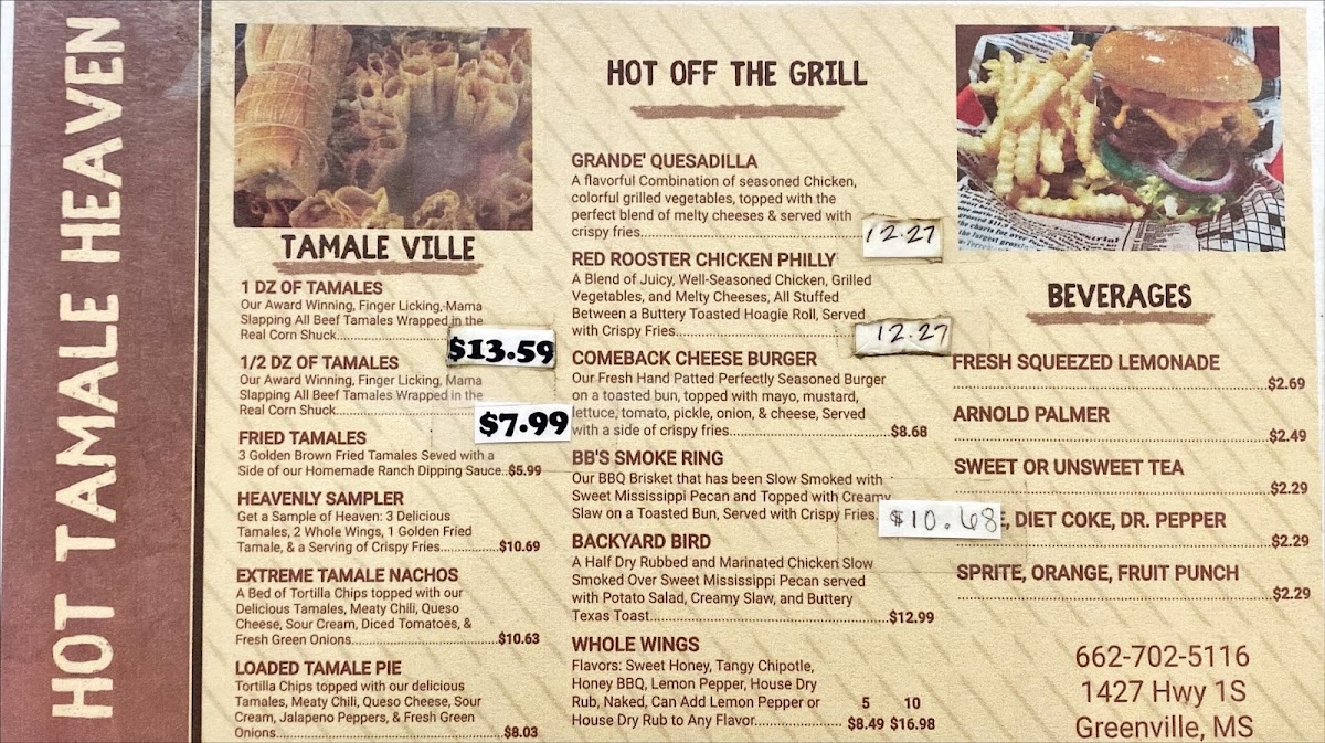 Hot Tamale Heaven And Grille menu board