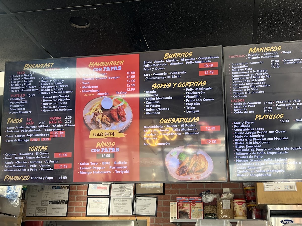 Toros tacos menu board