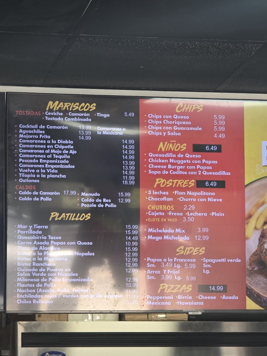 Toros tacos menu board