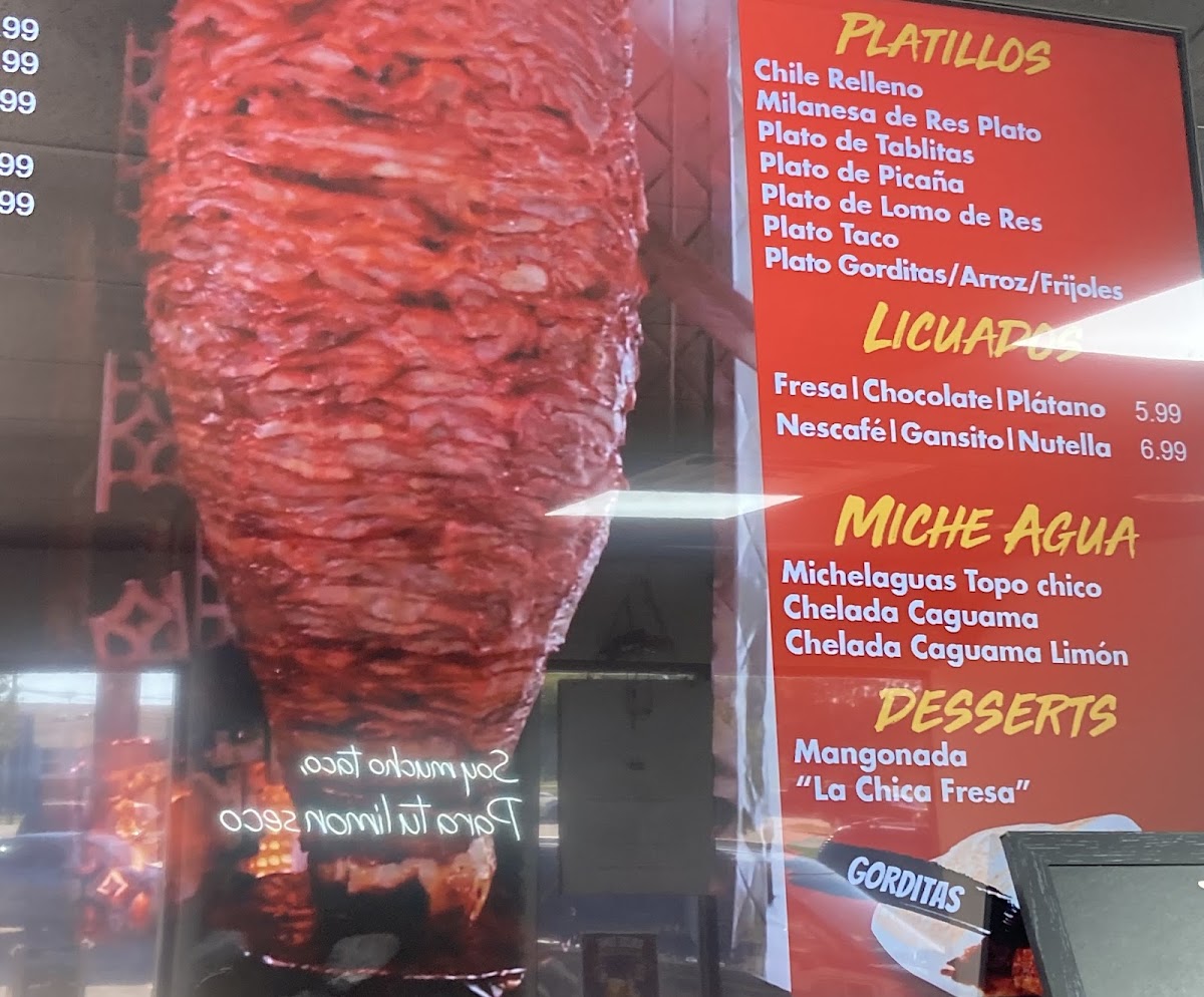 Toros tacos menu board
