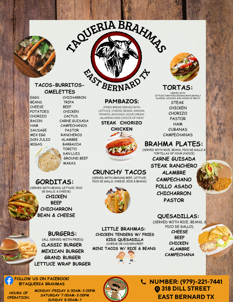 Taqueria Brahmas menu board