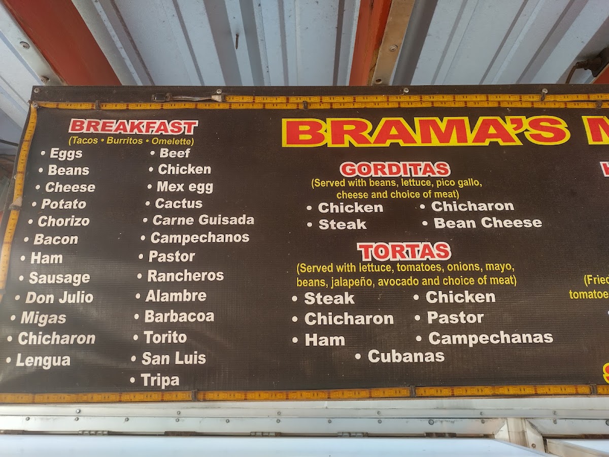 Taqueria Brahmas menu board