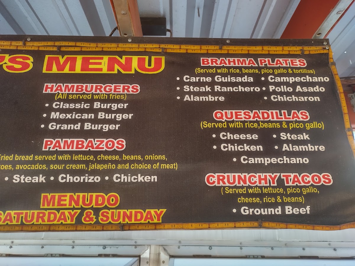 Taqueria Brahmas menu board