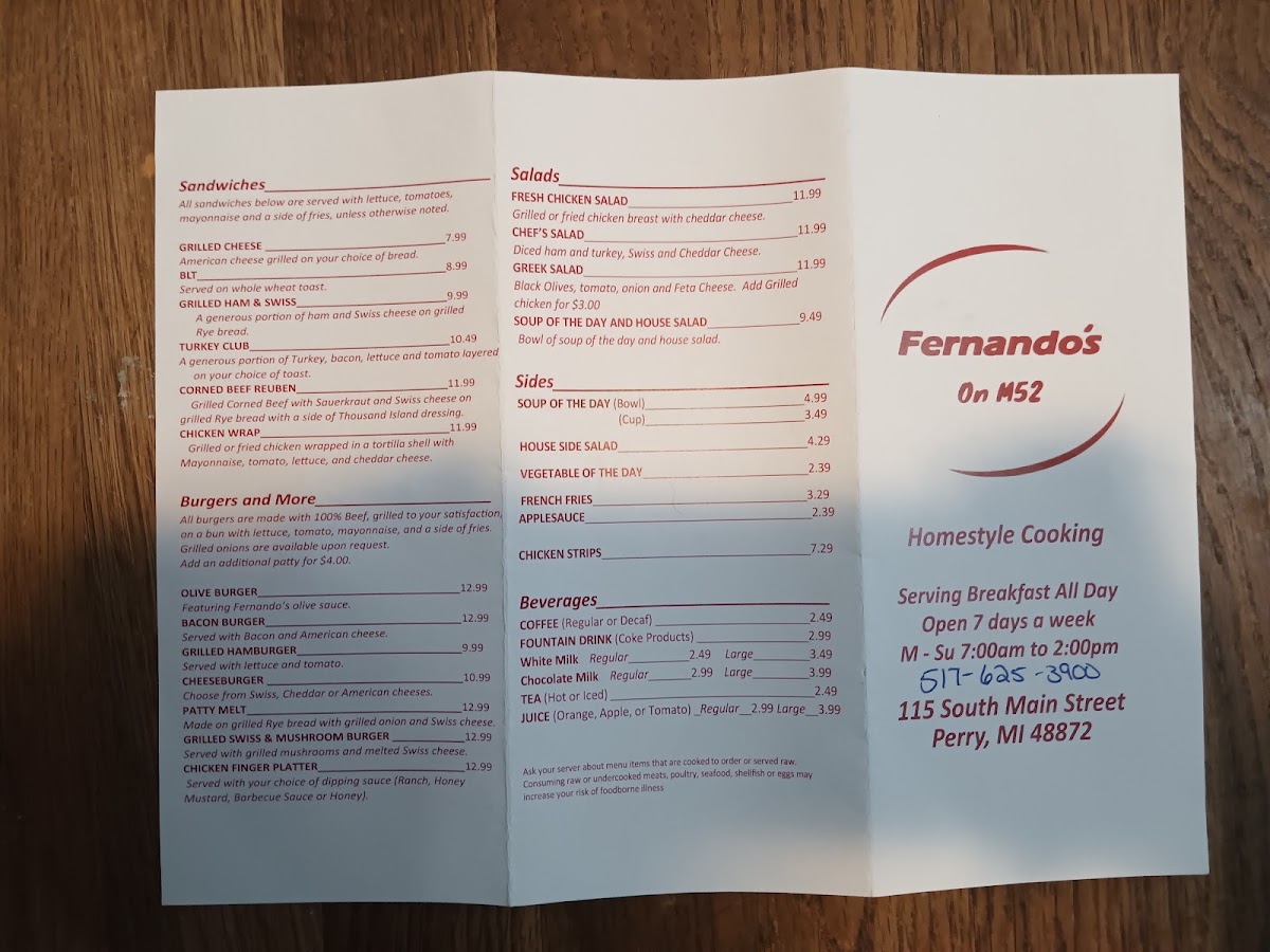 Fernando’s on M-52 menu board