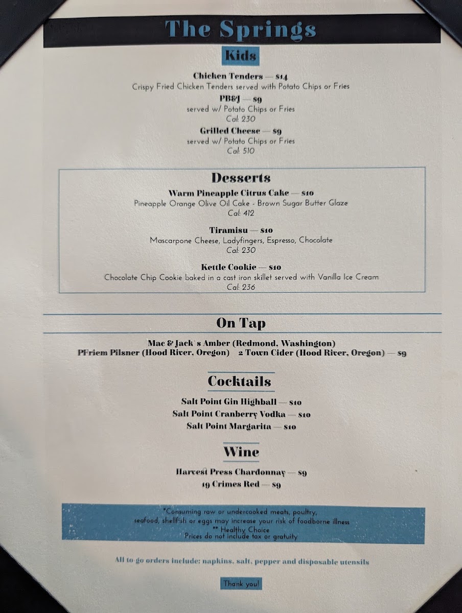 The Springs Restaurant at Sol Duc Hot Springs menu board