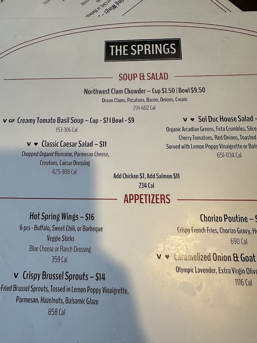 The Springs Restaurant at Sol Duc Hot Springs menu board
