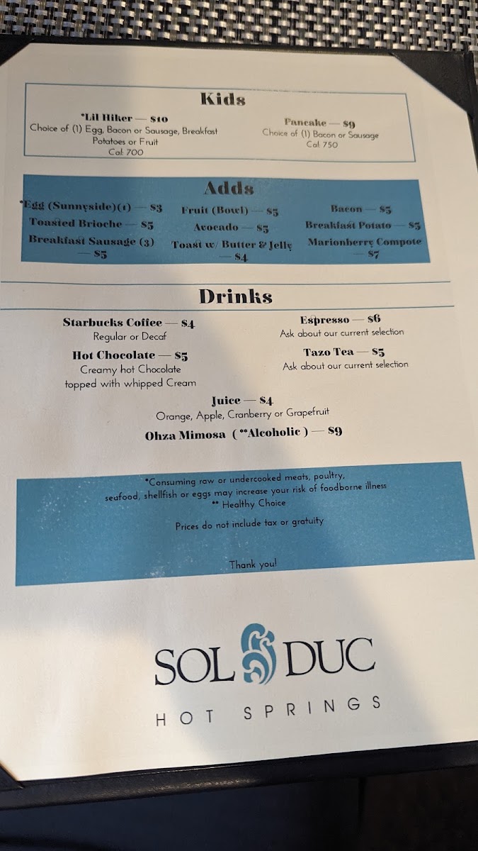 The Springs Restaurant at Sol Duc Hot Springs menu board
