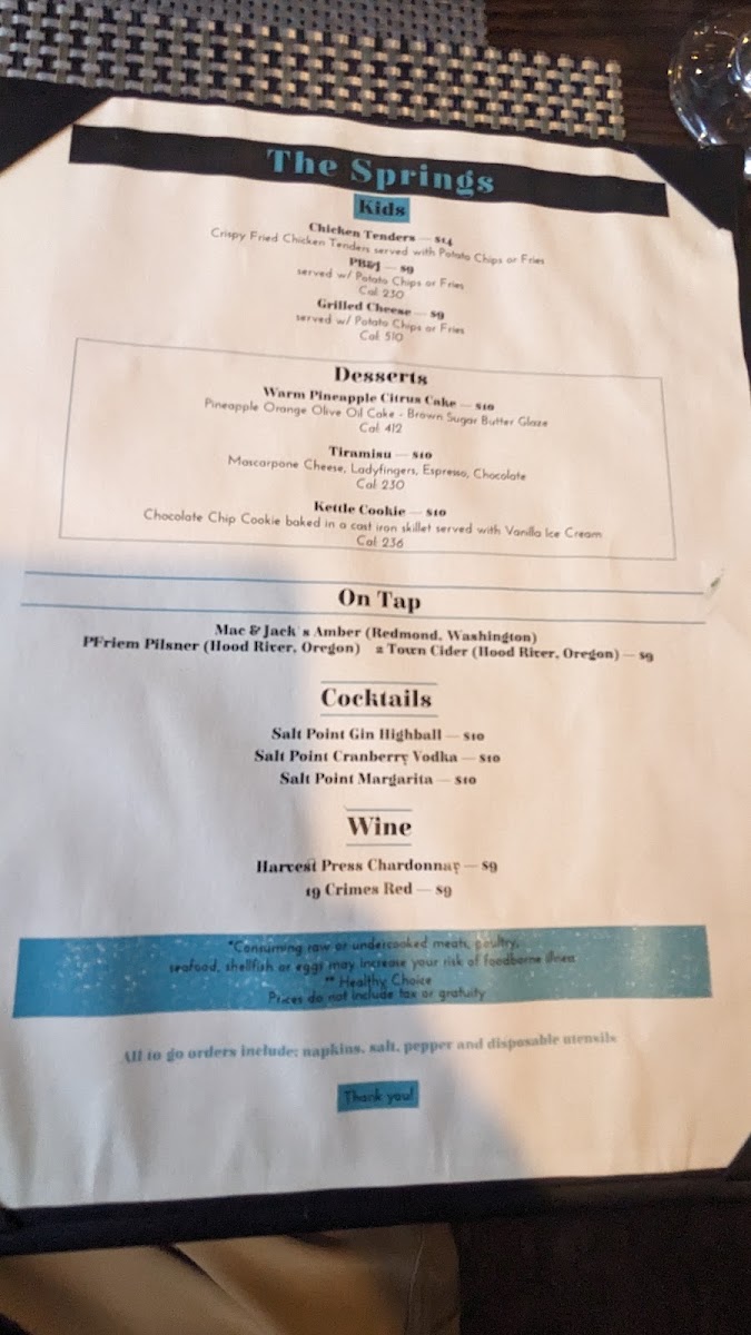 The Springs Restaurant at Sol Duc Hot Springs menu board