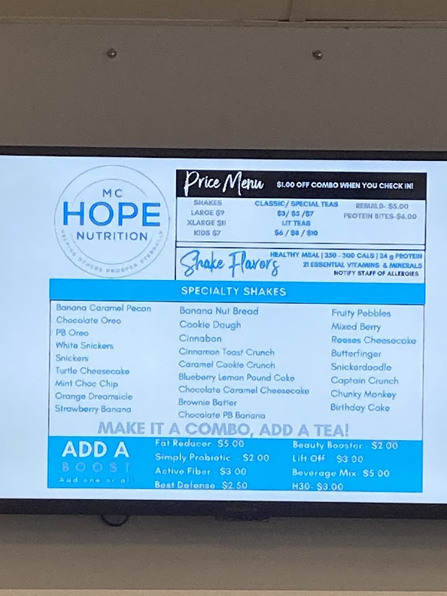 Durant’s vitality bar menu board