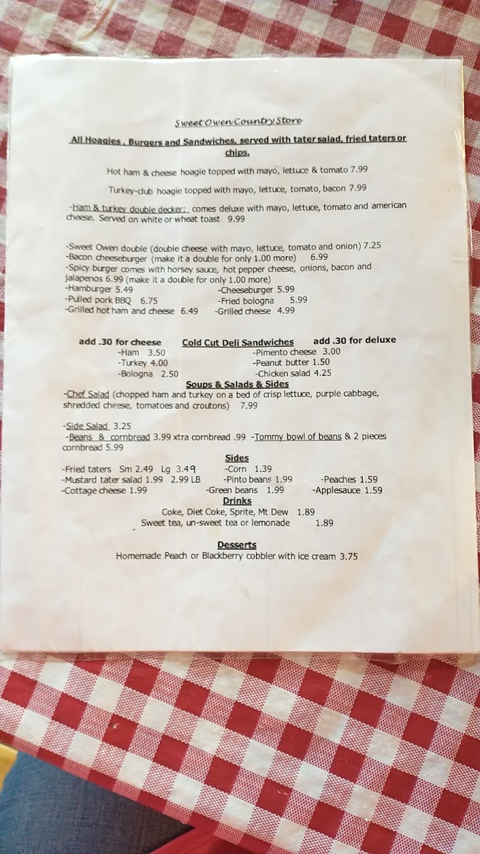 Sweet Owen Country Store menu board