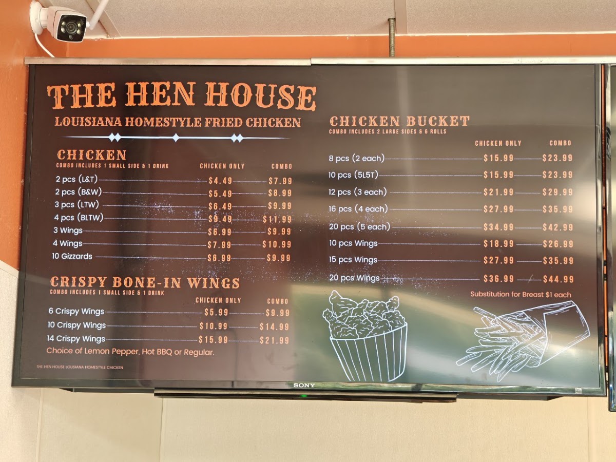 The HEN HOUSE louisiana homestyle fried chicken menu board