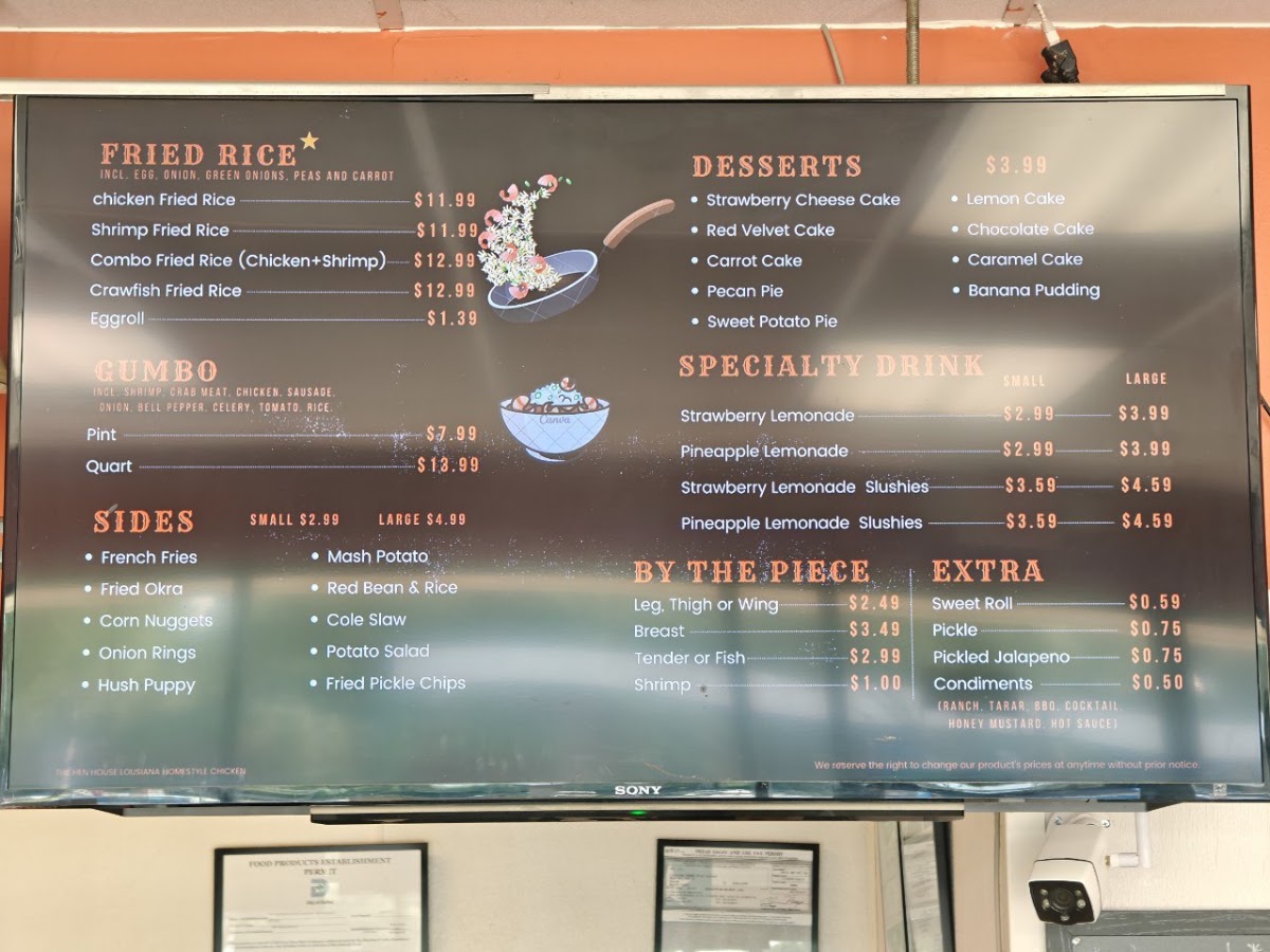 The HEN HOUSE louisiana homestyle fried chicken menu board