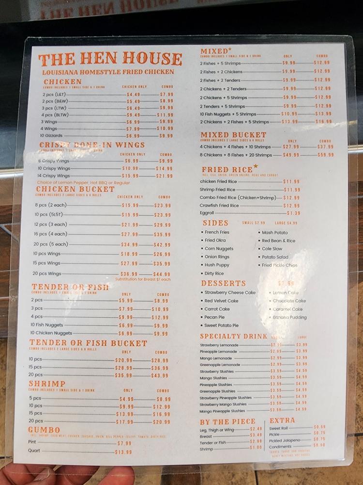 The HEN HOUSE louisiana homestyle fried chicken menu board
