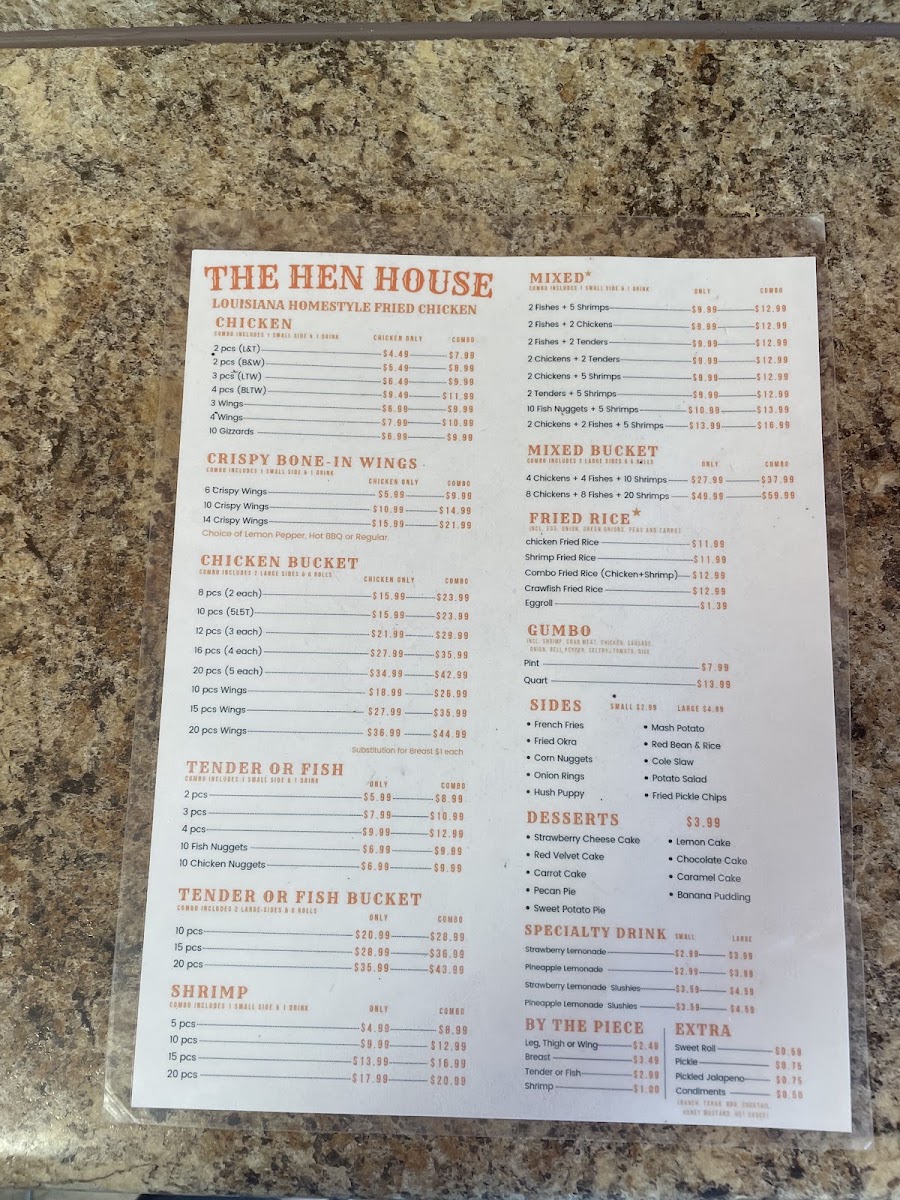 The HEN HOUSE louisiana homestyle fried chicken menu board