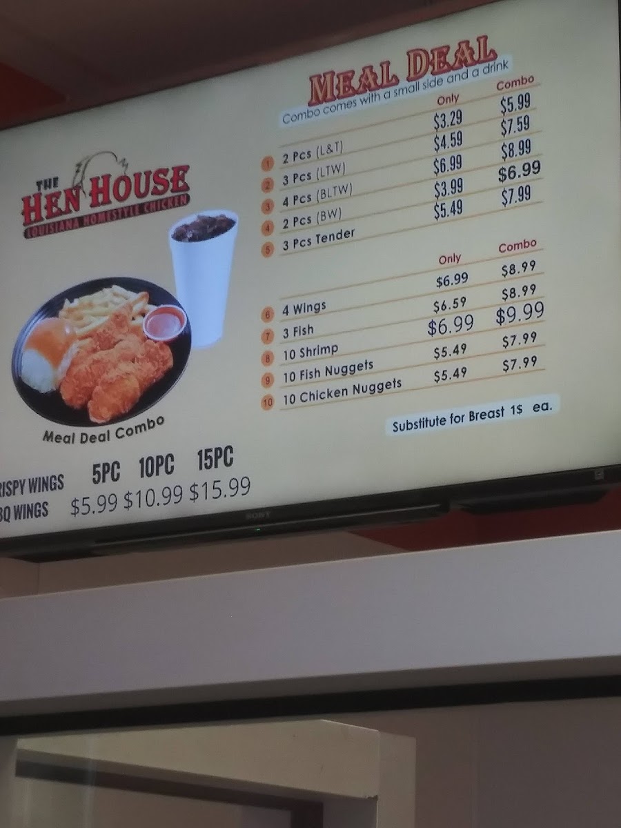 The HEN HOUSE louisiana homestyle fried chicken menu board