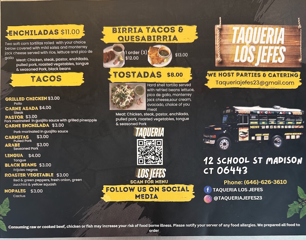 Taqueria Los jefes food truck menu board