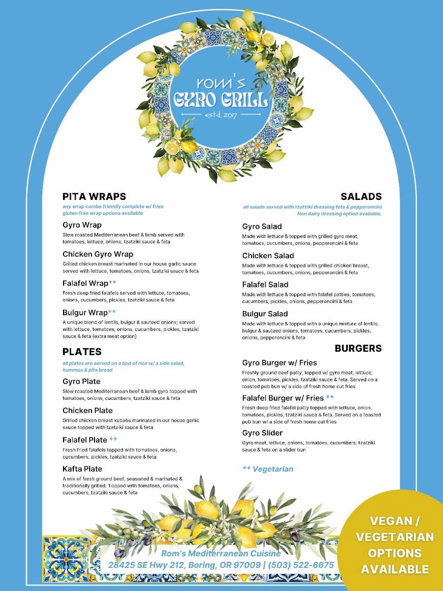 Rom’s Gyro Grill menu board