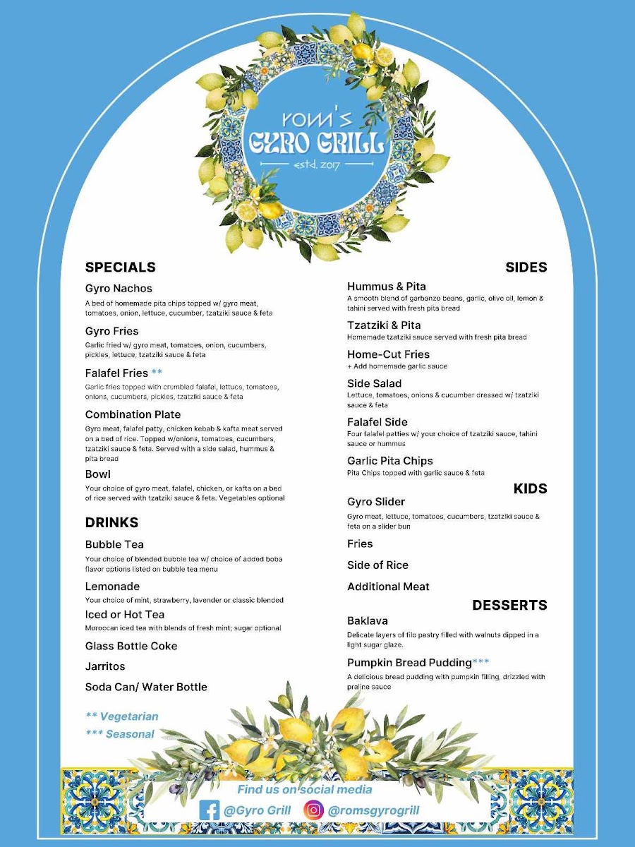 Rom’s Gyro Grill menu board