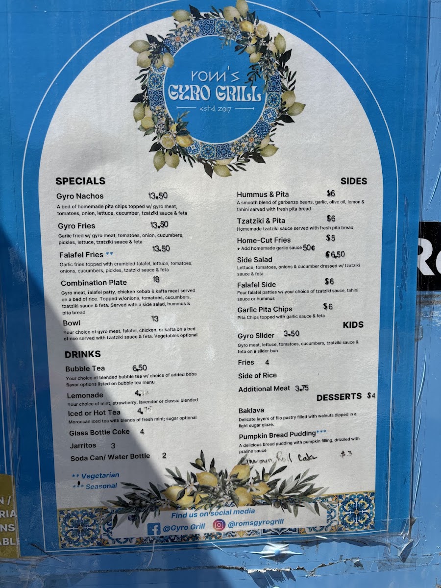 Rom’s Gyro Grill menu board