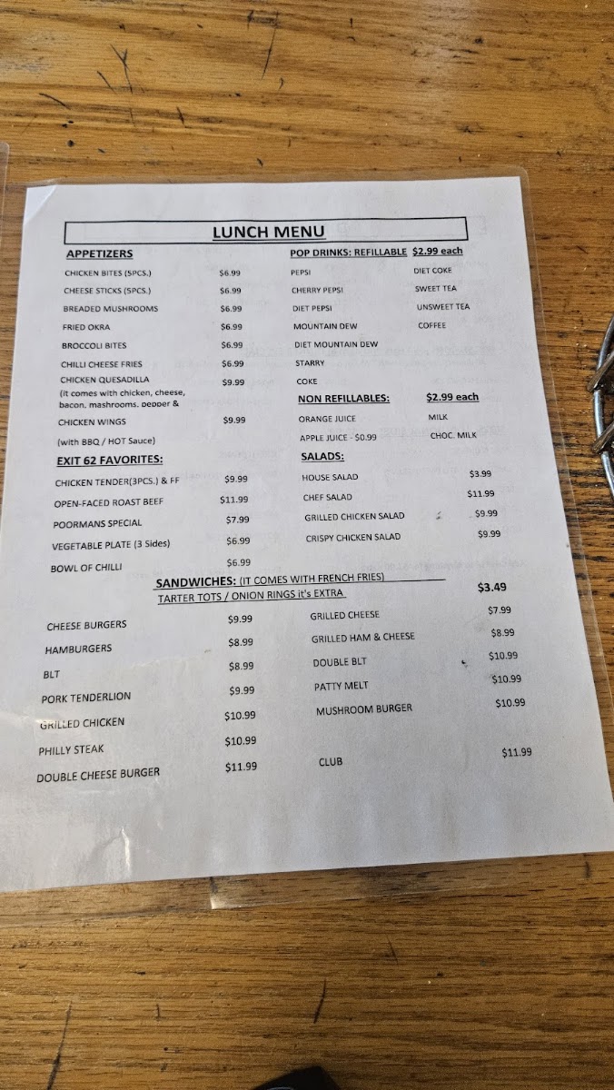 Yum Yum Restaurant - Glencoe, KY menu board