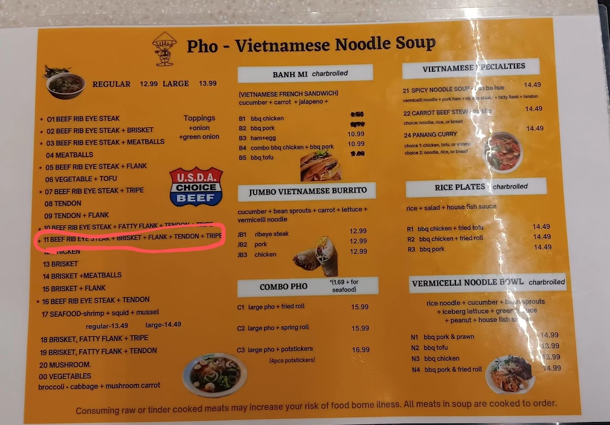 Pho Tai menu board