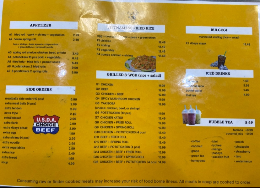 Pho Tai menu board