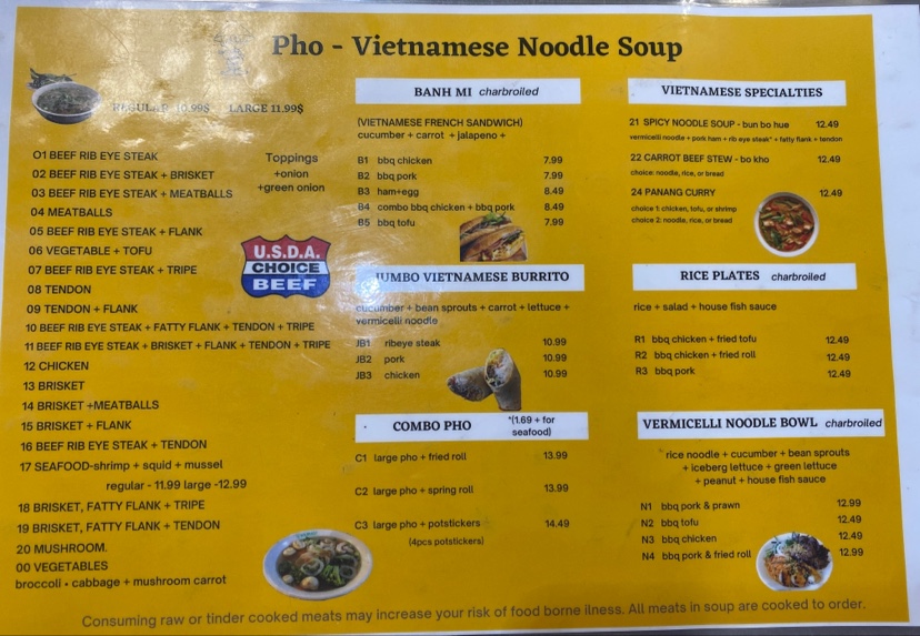 Pho Tai menu board