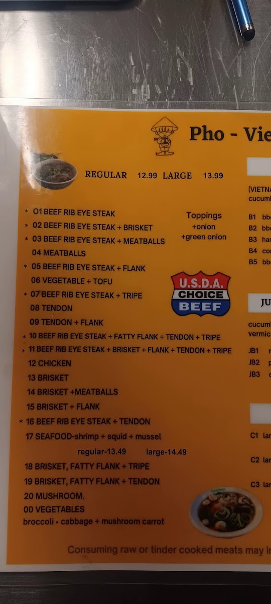 Pho Tai menu board