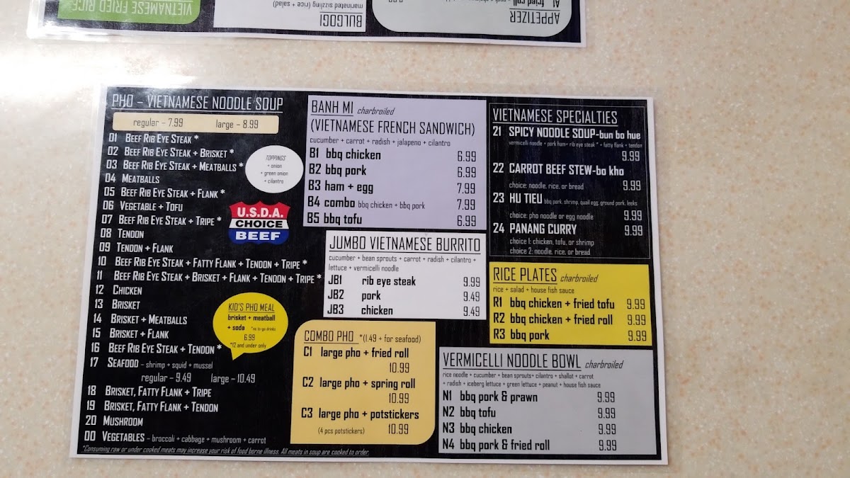 Pho Tai menu board