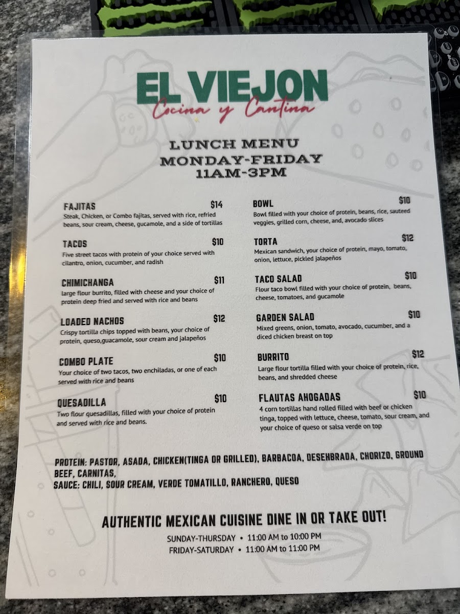 El Viejon Cocina y Cantina menu board