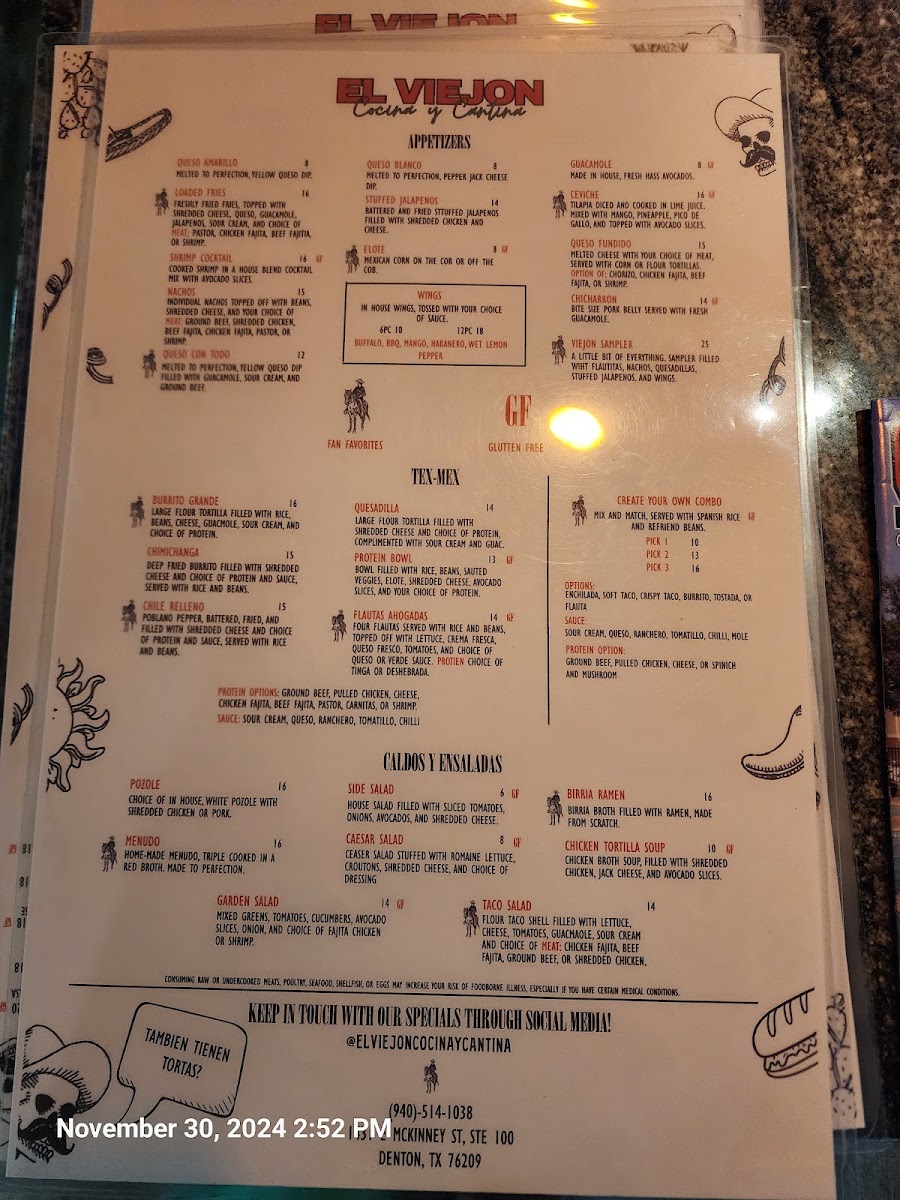 El Viejon Cocina y Cantina menu board