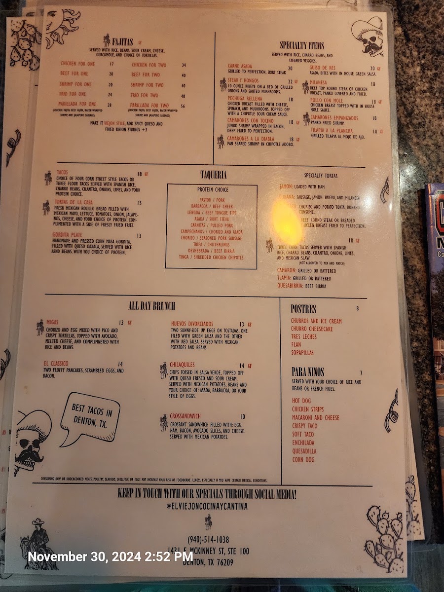 El Viejon Cocina y Cantina menu board
