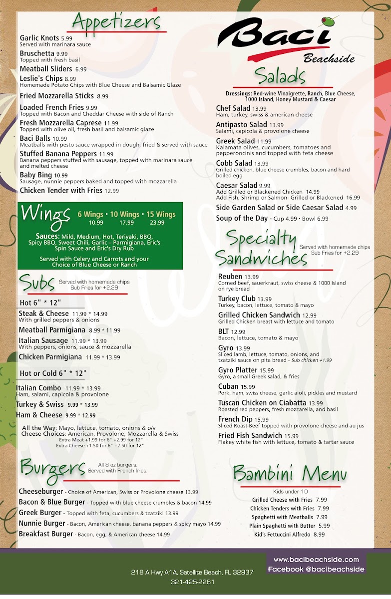 Baci Beachside menu board