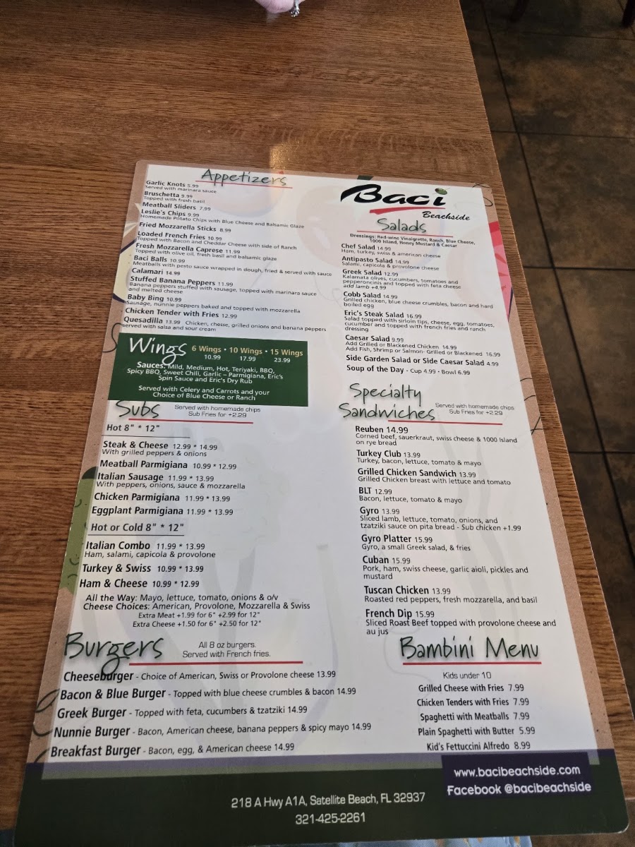 Baci Beachside menu board