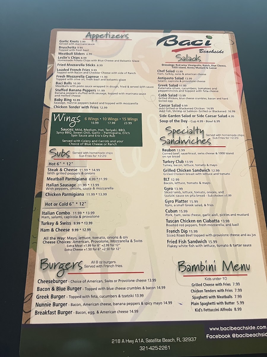 Baci Beachside menu board