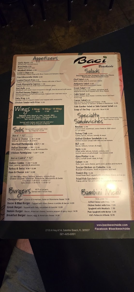 Baci Beachside menu board