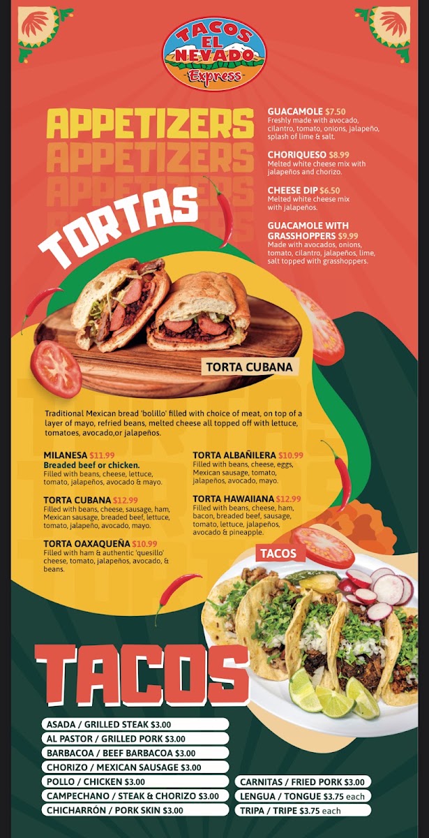 Tacos el Nevado Express menu board