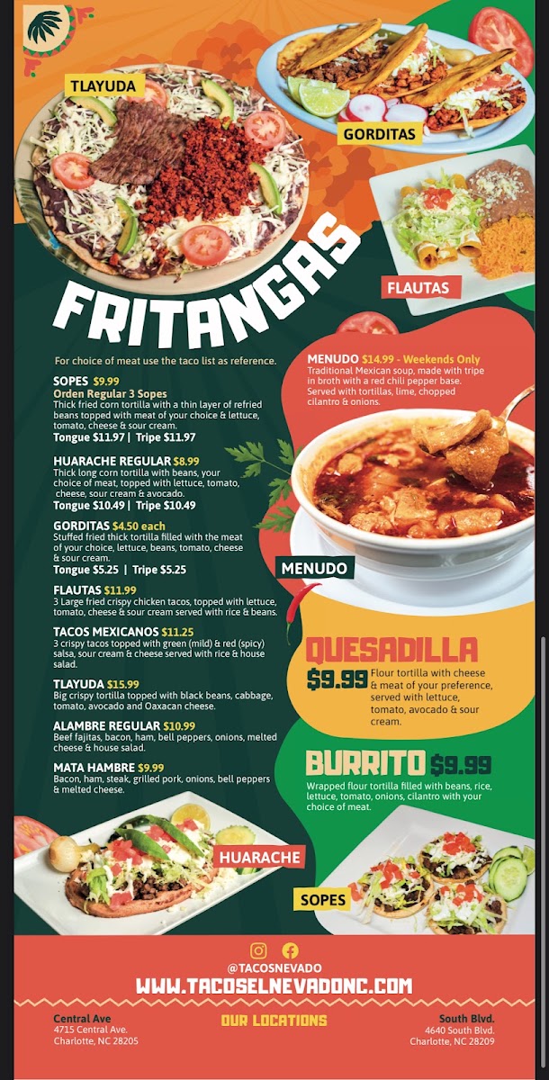 Tacos el Nevado Express menu board