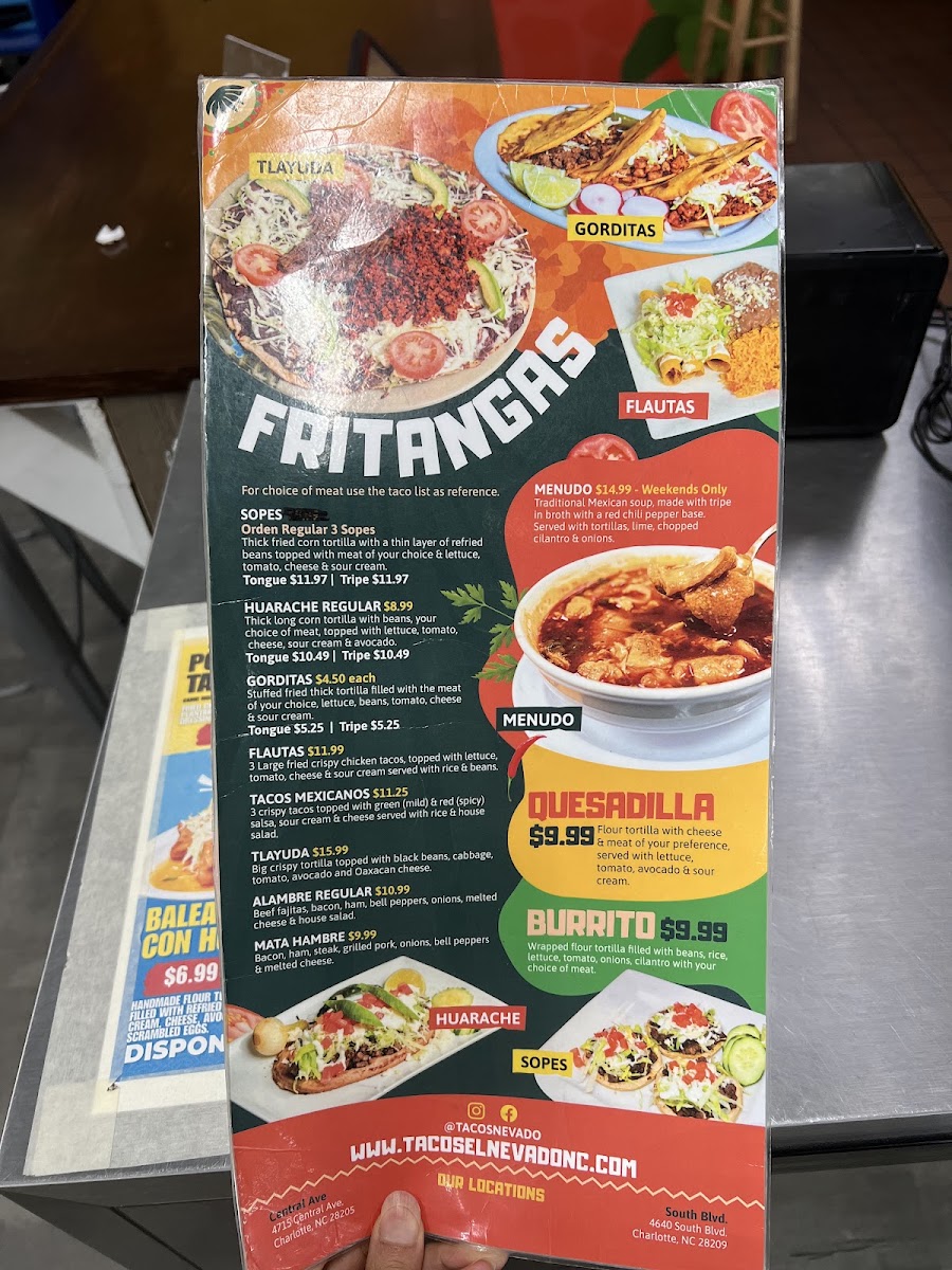 Tacos el Nevado Express menu board